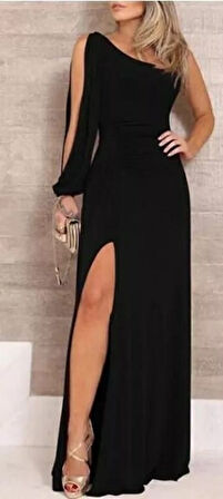 Reka Moda Tek Omuz Açık Derin Yırtmaçlı Krep Tam Boy Elbise