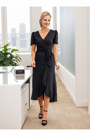 Reka Moda Kadın Kruvaze Yaka Midi Boy Kuşaklı Krep Elbise 120 Cm