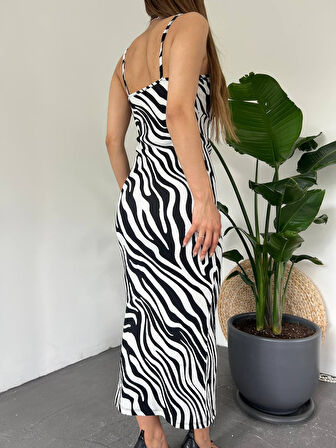 Reka Moda Kadın Zebra Baskılı Omuz Askılı Sırt Dekolteli Yırtmaç Detay Elbise