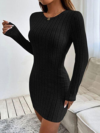 Reka Moda Kadın Uzun Kollu Bisiklet Yaka şardonlu Kalın Fitilli Kaşkorse Mini Boy Elbise