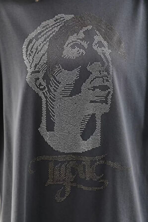 Reka Moda Unisex Taş Desenli Oversize T-Shirt - Füme