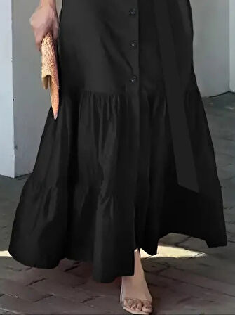 Reka Moda Kadın Uzun Kollu Eteği Fırfırlı Beli Kuşaklı Trikoton Tam Boy Gömlek Elbise