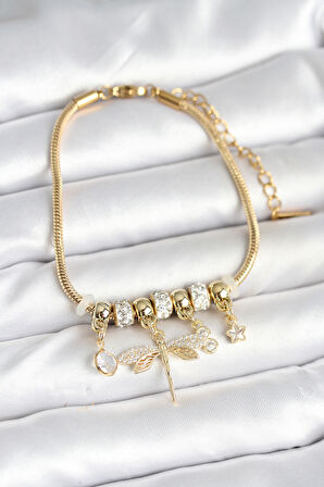 Reka Moda Pirinç Gold Renk Yusufçuk Charmlı Kadın Bileklik