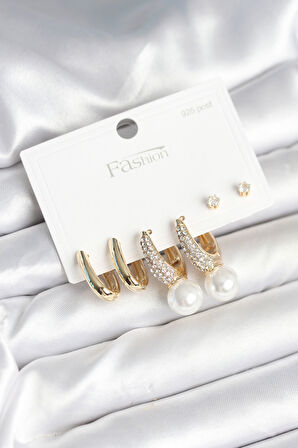 Reka Moda Pirinç Gold Renk Zirkon Taşlı İnci Detaylı 925 Ayar Gümüş Çivili Kadın Küpe Seti