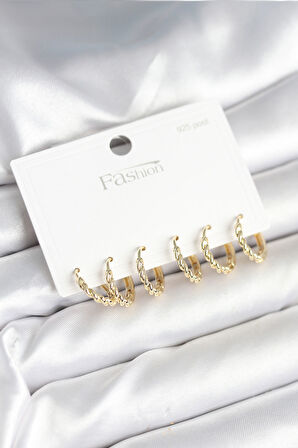 Reka Moda Gold Renk Burgu Halka Model 925 Ayar Gümüş Çivili Pirinç Küpe Seti