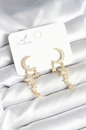 Reka Moda Ay ve Yıldız Model Gold Renk Pirinç Kadın Küpe