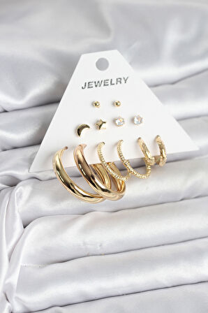 Reka Moda Gold Renk 6 Çiftli Pirinç Kadın Küpe Seti