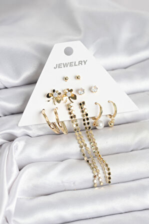 Reka Moda Gold Renk Pirinç 6'lı Kadın Küpe Seti