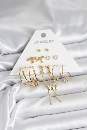 Reka Moda Pirinç Gold Renk 6 Çiftli Kadın Küpe Seti