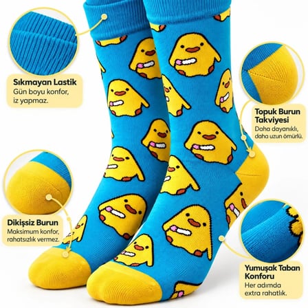 Renkli Civciv Desenli Unisex Çorap 3`lü Set | Yumuşak, Esnek, Konforlu ve Günlük Kullanıma Uygun