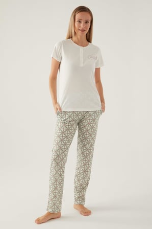 Arnetta Düğmeli Bisiklet Yaka Yazlık Kadın Pijama Takımı, %100 Pamuklu Pijama 