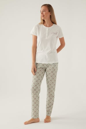 Arnetta Düğmeli Bisiklet Yaka Yazlık Kadın Pijama Takımı, %100 Pamuklu Pijama 