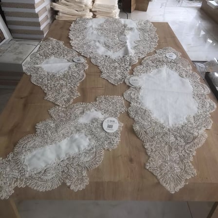 Bezos Salon Takımı Keten Angelika Çeyizlik Kreme Gold Runner Set 5 Parça Keten Ranır Masa Sehpa Konsol Örtüsü RENGAREN