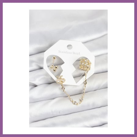Bezos Kiraz Model Pirinç Gold Renk Zincir Bağlantılı Ear Cuff Küpe Seti RENGAREN