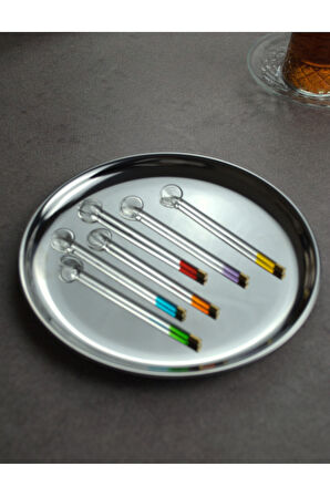 6'lı Cam Çay Kaşığı Renkli Gold Detaylı Sunumluk Kaşık