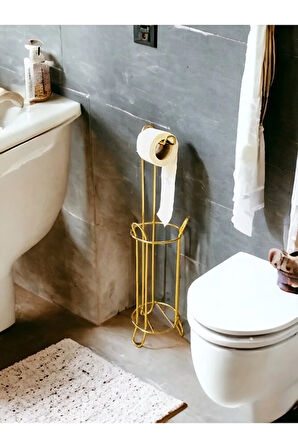 Ayaklı Tuvalet Kağıtlığı Wc Kağıtlık Paslanmaz Yedekli Tuvalet Kağıtlığı Biriktirmeli Gold