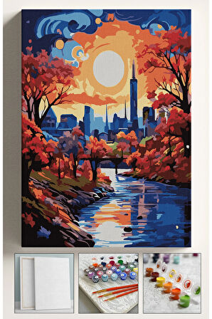 Sayılarla Boyama Seti Numaralı Tuval Fırça Boya 40x50 Cm Renkli Ay Şehir