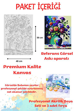 Sayılarla Boyama Çerçeveli Hobi Seti Numaralı Tuval RENKLİ GÜLLER Fırça Boya Dahil Kasnaklı 40X50 Cm