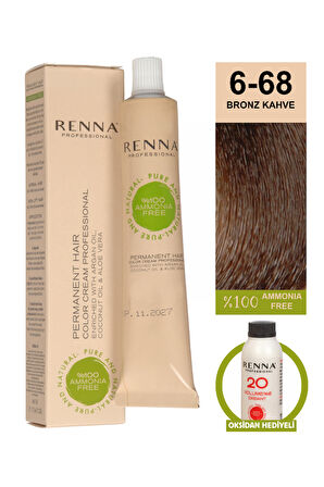 Renna Bitkisel Amonyaksız Saç Boyası 60 Ml 6-68 Bronz Kahve Oksidan Hediyeli