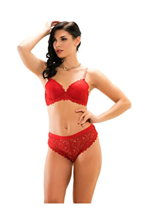 Ful Dantel Desteksiz Balenli Takım Kırmızı Mb12400-b