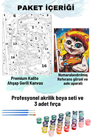 Sayılarla Boyama Seti Numaralı Tuval Fırça Boya 40x50 Cm Ressam Kedi