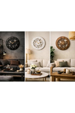RETICOLO Modern Soyut Ahşap Duvar Saati 40 cm. Siyah Renk Sessiz Akar Mekaniza