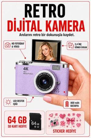 4K Dijital Retro Fotoğraf Makinesi 48MP 18X Zoom 180° Dönen Ekran Flaşlı 64GB SD Kart Hediyeli Selfie Vlog Kamera