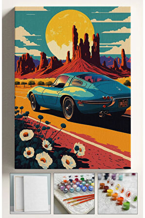 Sayılarla Boyama Hobi Seti Çerçeveli Numaralı Tuval Fırça Boya Dahil Kasnaklı RETRO ARABA 40x50 Cm