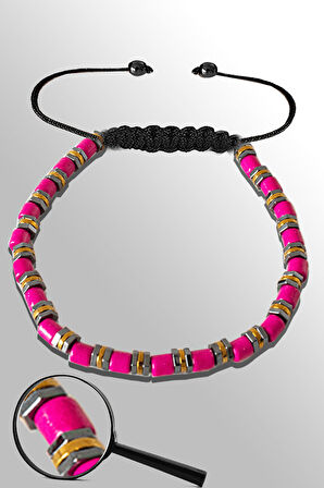 Sertifikalı Silver Gold Hematitli Pembe Sedef Taşı Bileklik - Ayarlamalı