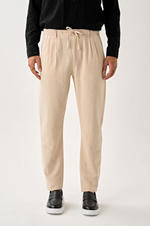 Pileli Bağcıklı Casual Keten Pantolon