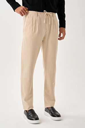 Pileli Bağcıklı Casual Keten Pantolon