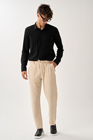Pileli Bağcıklı Casual Keten Pantolon