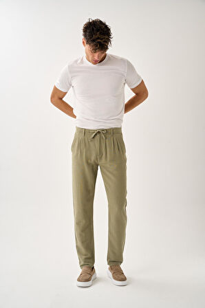 Pileli Bağcıklı Casual Keten Pantolon