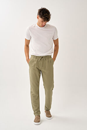 Pileli Bağcıklı Casual Keten Pantolon