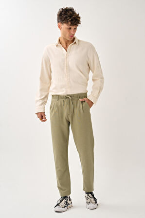 Regular Fit Beli Lastikli Keten Pantolon