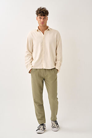 Regular Fit Beli Lastikli Keten Pantolon