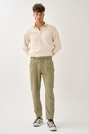 Regular Fit Beli Lastikli Keten Pantolon