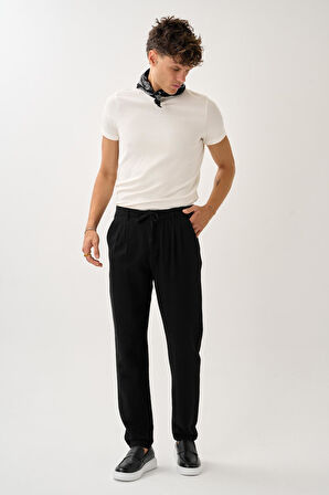 Regular Fit Beli Lastikli Keten Pantolon