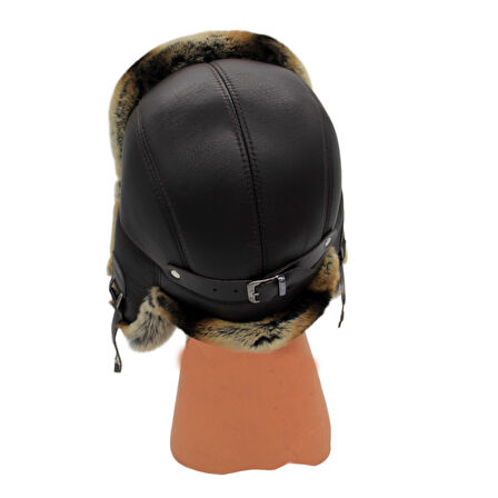 Gerçek Tavşan Kürklü Ushanka Deri Pilot Şapka Ayarlanabilir Tokalı Kışlık Outdoor Şapka Rex Model