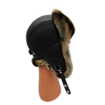 Gerçek Tavşan Kürklü Ushanka Deri Pilot Şapka Ayarlanabilir Tokalı Kışlık Outdoor Şapka Rex Model