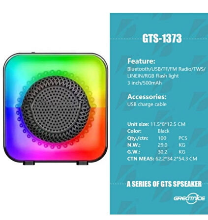 Taşınabilir Rgb Işıklı Radyo Bluetooth Özellikli  Kablosuz Hoparlör+Ses Bombası 3 inç USB/SD 