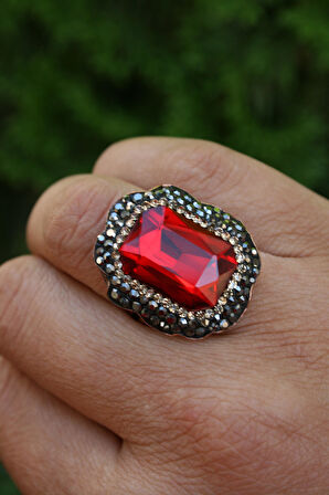STONEAGE Kristal Kırmızı Taşlı El Yapımı Ayarlanabilir Kadın Yüzük