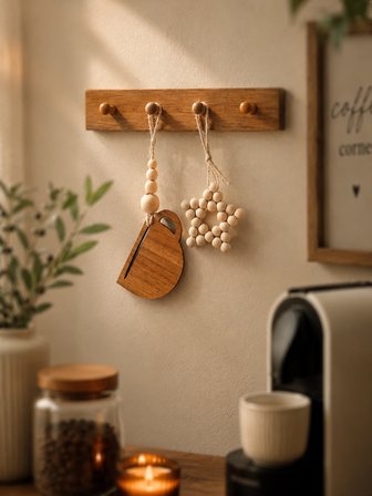 Dekoratif Ahşap Fincan ve Boncuk Yıldız Seti Kahve Köşesi Mutfak Balkon Duvar Mobilya Dekoru Asılabilir Süs