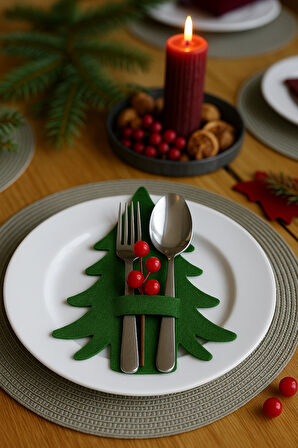 6 Adet Kokinalı Dekoratif Çam Ağacı Keçe Peçetelik&Çatal Kaşıklık–Yılbaşı Masa Sunum Servis Süsü