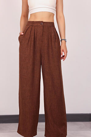 Kadın Kahverengi Pile Detaylı Palazzo Pantolon