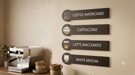 4'lü Kahve Temalı Ahşap Şerit Mini Tablo Seti Kahve Köşesi Duvar Dekoru Bohem Coffee Bar Süsü (21 CM)