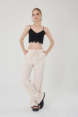 Kadın Taş Keten Karışımlı Bol Kesim Pantolon