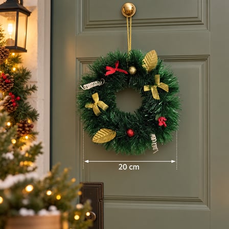 Yılbaşı Temalı Mini Kapı Duvar Süsü Dekoratif Çam Çelengi Kırmızı ve Gold Detaylı (20 cm)
