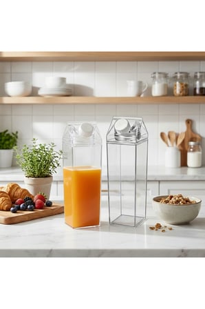 1000 ml Şeffaf Süt Kutusu Tasarımlı Akrilik Matara - Süt, Meyve Suyu ve Kahve Şişesi