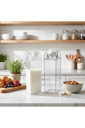 2’li Set 1000 ml Şeffaf Süt Kutusu Tasarımlı Akrilik Matara - İkili İçecek ve Su Şişesi
